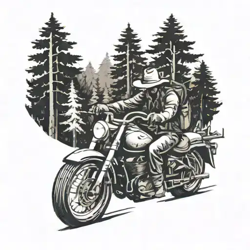 A Cowboy Riding A Motorcycle Through A Forest With A Rifle Slung Across His Back