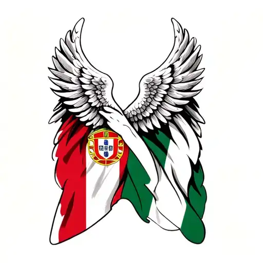 One Angel Wing Spread Out With A Portuguese Flag Intertwined