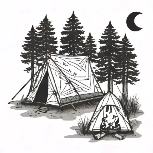 A Serene Forest Scene With A Tent And Campfire Under A Starry Sky