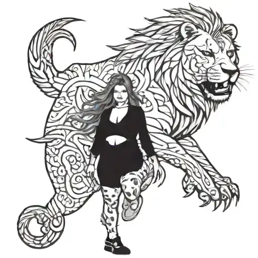 Femenine Lion Standing With A Mmasculine Shark Swimming Around Her