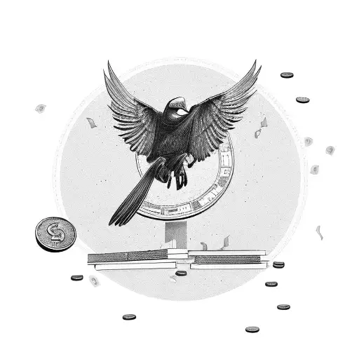 A Broken Winged Crow Surrounded By Dollar Bills And Coins