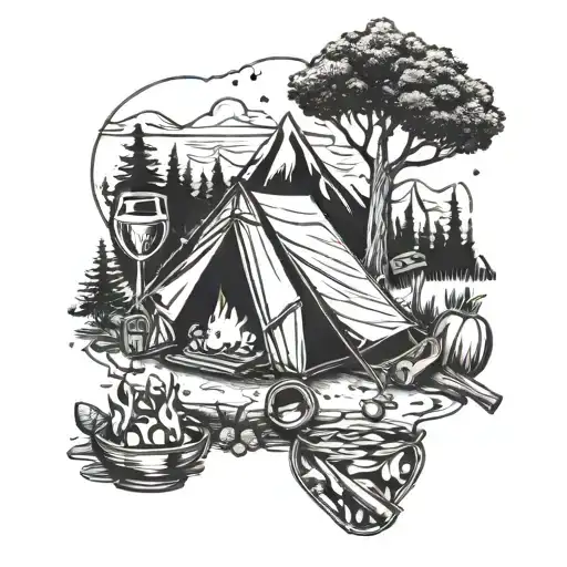 A Cocktail-inspired Tattoo Design Incorporating Camping Elements Like Tents And Bonfires