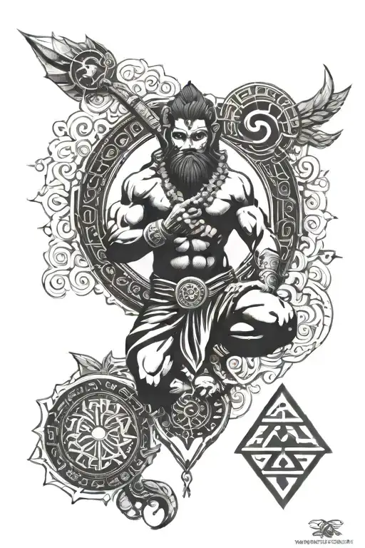 Hanuman Tattoo With Yin Yang And Valknut Symbol