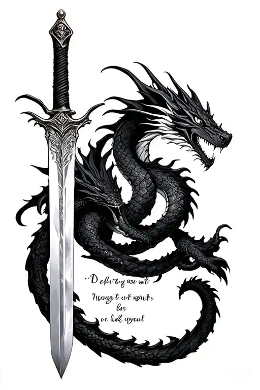 Dragon Coiling Up A Sword With A Quote Running Down