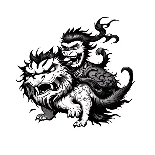 Sun Wukong With Foo Dog Tattoo Design Featuring