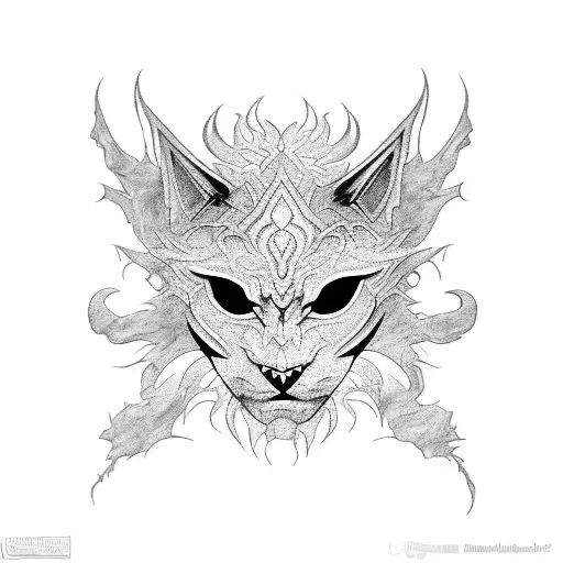 Detailed Blackwork Tattoo Of Rengar's Iconic Mask Combined With A Black Cat Shadow