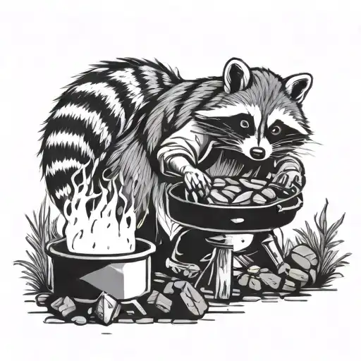 A Racoon Chef Cooking On A Campfire In The Woods