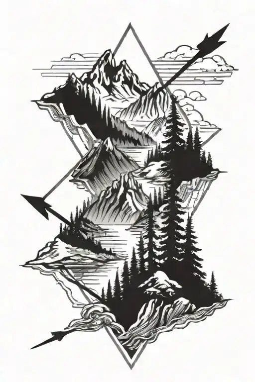 Large Mountains With River Flowing With Forest Trees And An Arrow Through The Center Vertically
