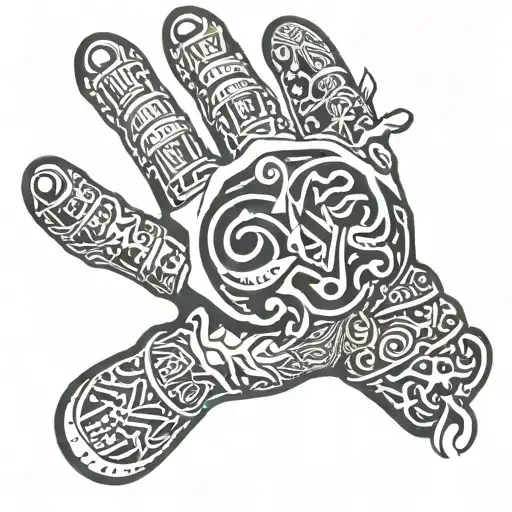 Bone Hand With Egyptian Symbols In Between Knuckles