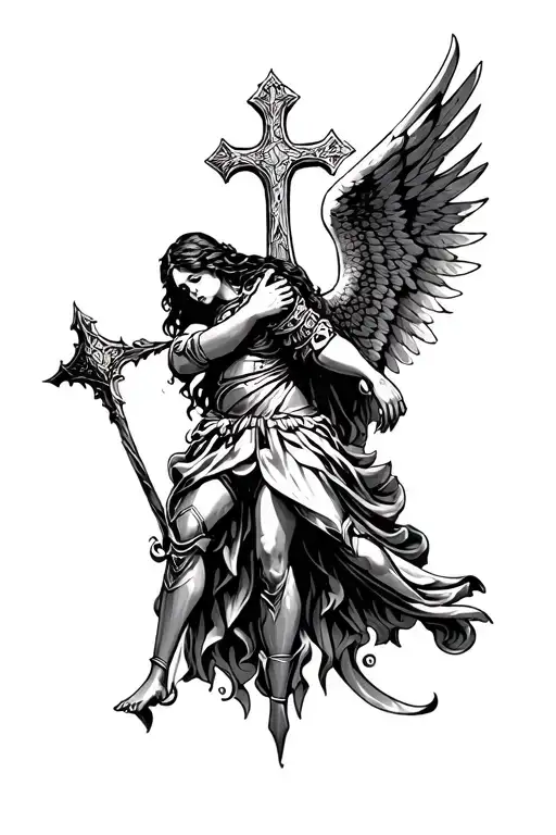Gothic Angel With Armor Hugging A Cross