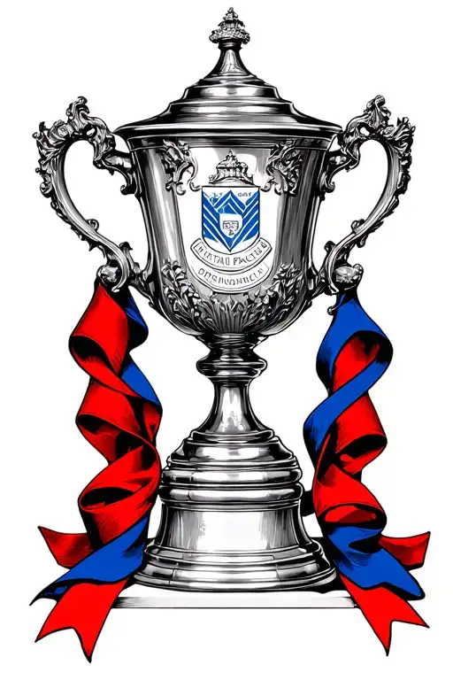 Fa Cup Trophy With Red And Blue Ribbons With The Engraving Of Crystal Palace On It