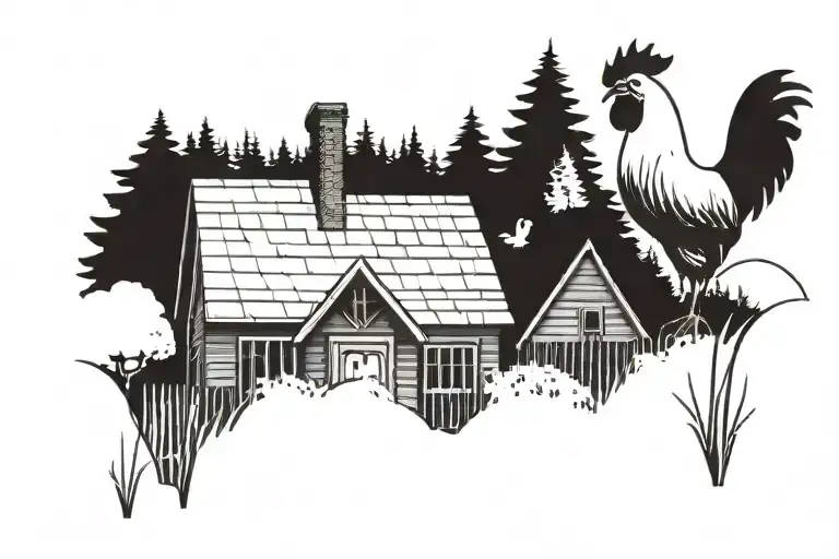 Russian Village House With A Small Picket Fence And A Rooster On The Roof