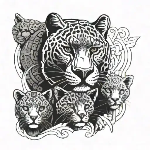 Black Panther Parents And Baby Cubs Face Only