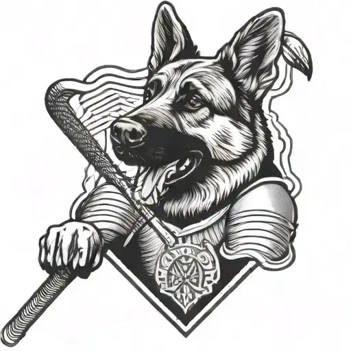 A German Shepherd Wearing A Hockey Jersey And Holding A Hockey Stick