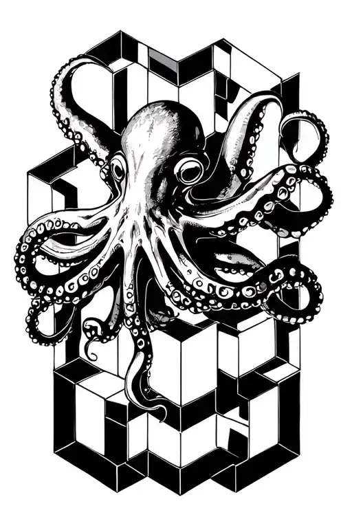 Octopus Emerging From Geometric Cubes Forming A Pattern