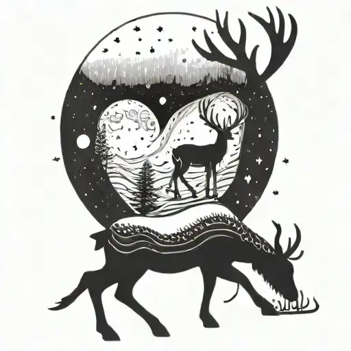One Reindeer On A Snowy Background Beneath A Starry Night Sky With Two Moons