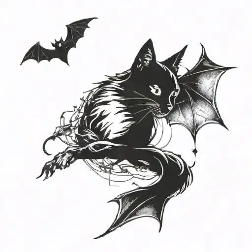 Dark Cat Sitting Behind Bats Flying Across Chest