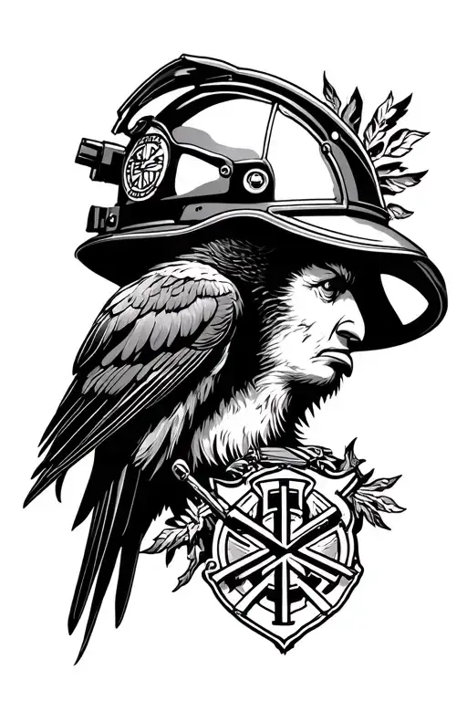 Firefighter Helmet And Raven Perched