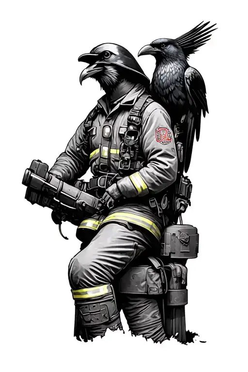 Firefighter And Raven Perched Atop