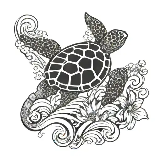 A Stylized Wave Design With Intricate Turtle And Chrysanthemum Motifs