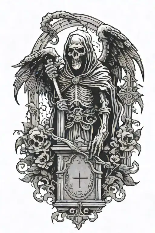 Faceless Grim Reaper Death Angel With Big Black Wings Protecting A Tombstone