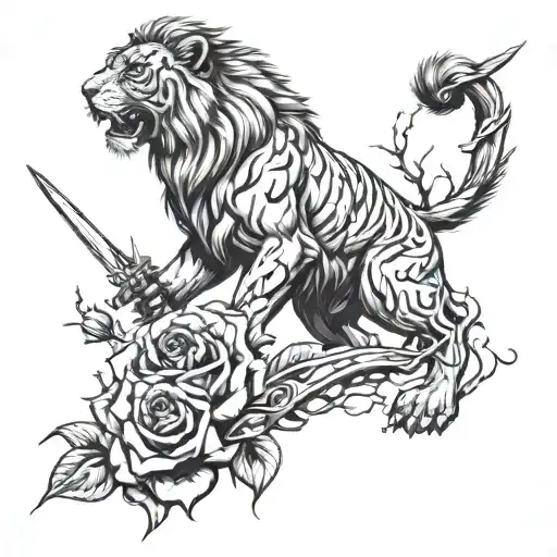 Rose Turning Into A Lion Holding A Sword Killing A Tiger