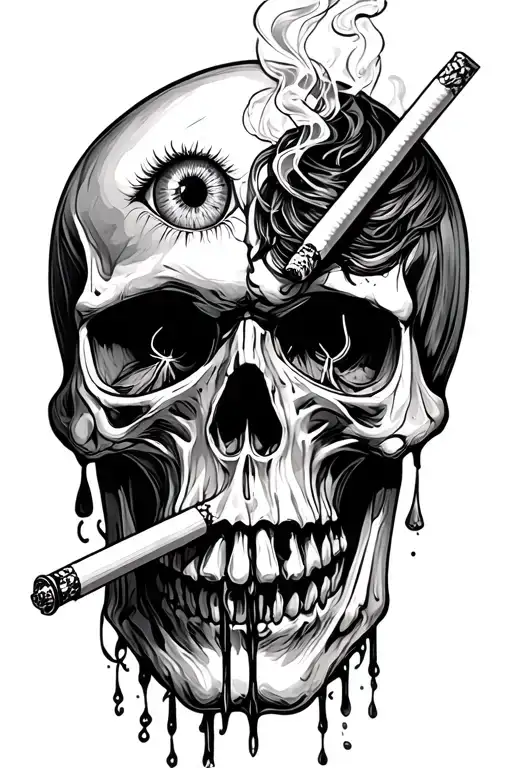 Stabbed Skull With Hanging Eye Smoking Cigarettes