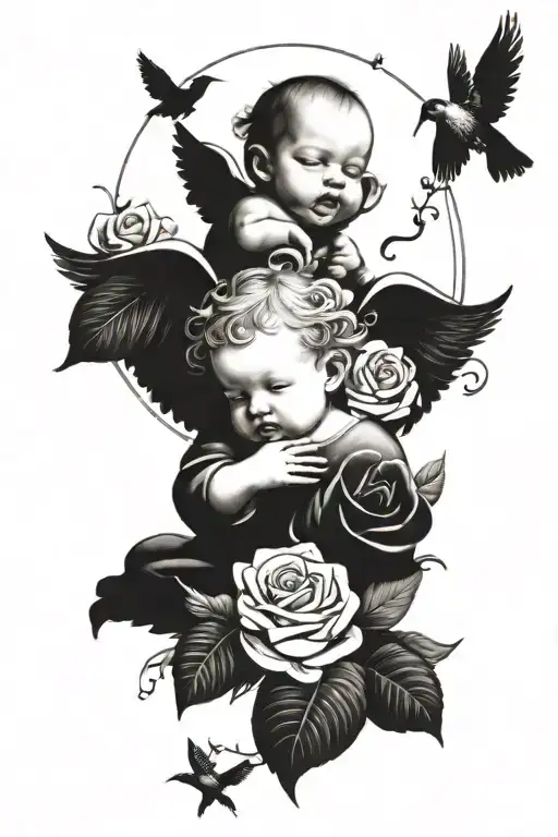 Baby Angel With Roses And Clouds And Birds