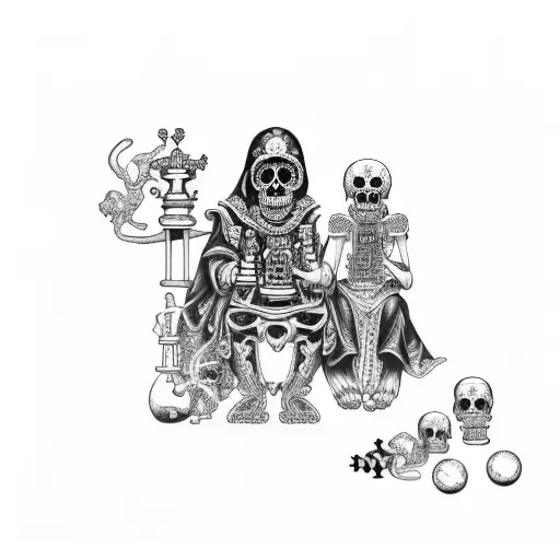 Santa Muerte And La Catrina Playing Chess With The 3 Wise Monkeys As Pieces