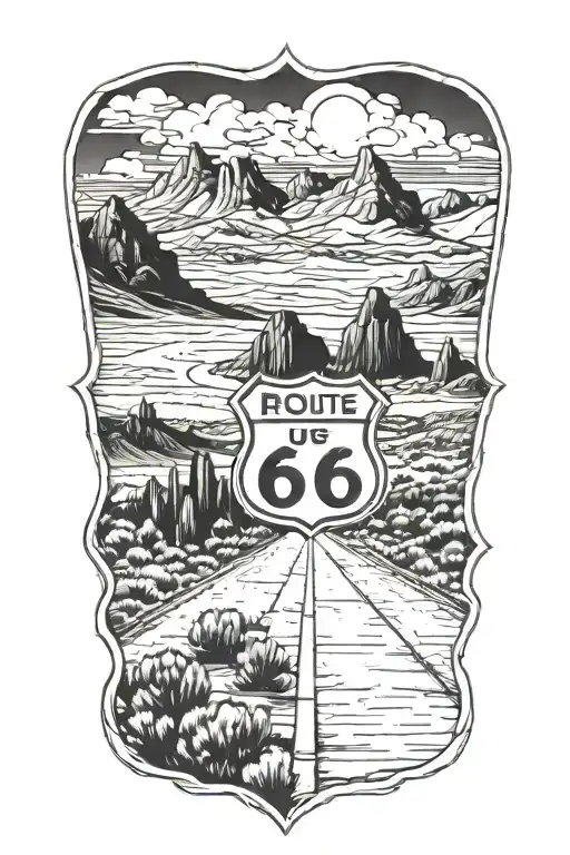 Route 66 Sign Road Leading Towards Mountain Range