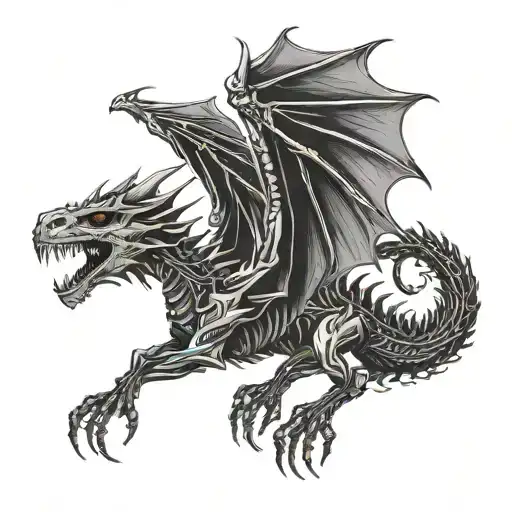 A Black Skeleton Dragon Flying Straight Upward With Wings Spread