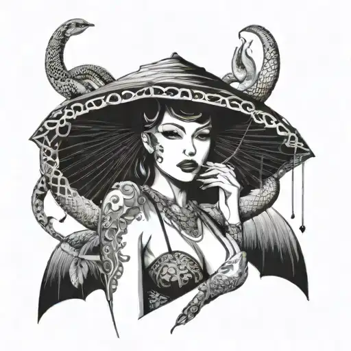 Women In Swimming Suit With Umbrella Above Snake Around And Cigaret In One Hand