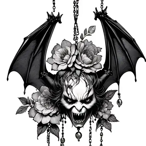 Upsidedown Hanging Creepy Angry Bat With Jewelry And Flowers