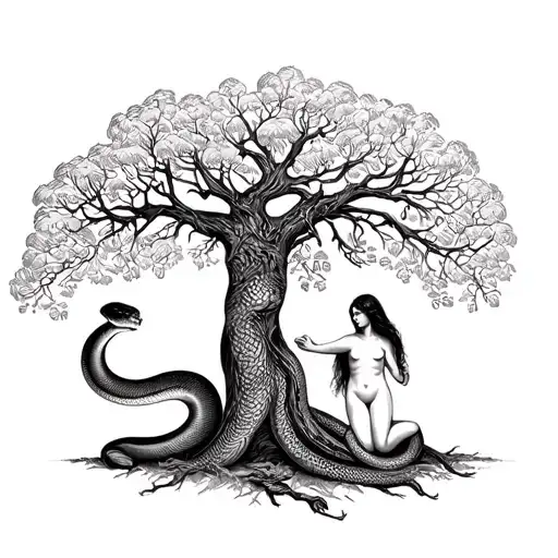 Adam And Eve At Tree With Snake Crawling
