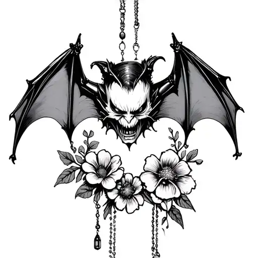 Upsidedown Hanging Creepy Angry Bat With Jewelry And Flowers