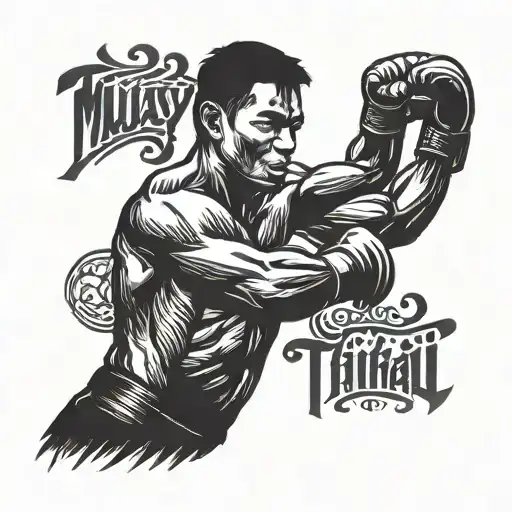 Muay Thai Fighter Silhouette With Traditional Thai Script In The Background