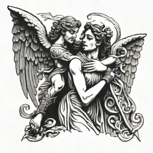 Greek Angel Hugging A Female Gargoyle Warrior