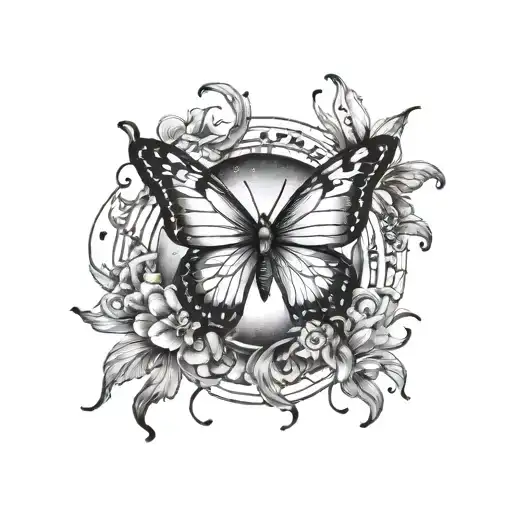 A Celestial-themed Tattoo Featuring A Moon And Stars Intertwined With Delicate Butterfly Wings