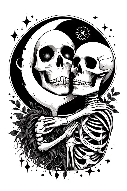 Couple Tattoo Featuring Moon And Skeleton