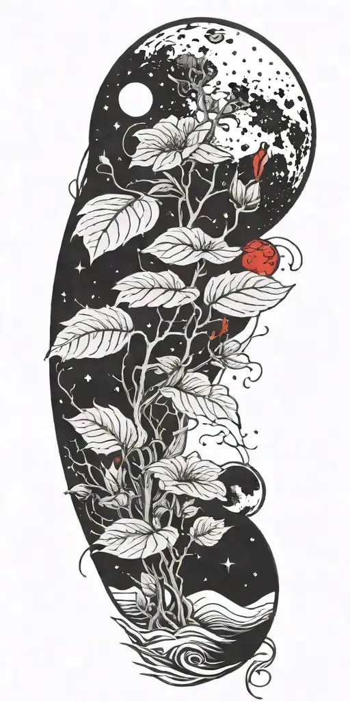 A Black And Red Tattoo Of A Celestial Plant Growing Towards The Moon