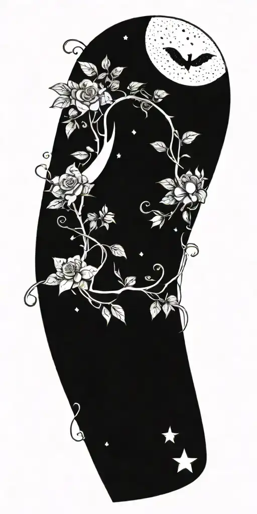 A Mystical Forest Scene With A Crescent Moon And Stars Intertwined With Vines And Flowers