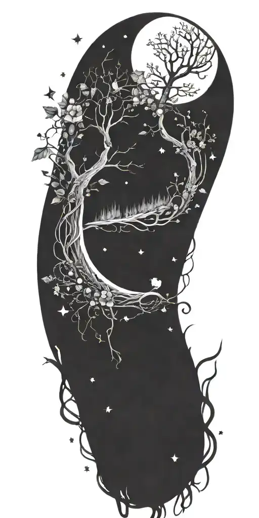 A Mystical Forest Scene With A Crescent Moon And Stars Intertwined With Vines And Flowers