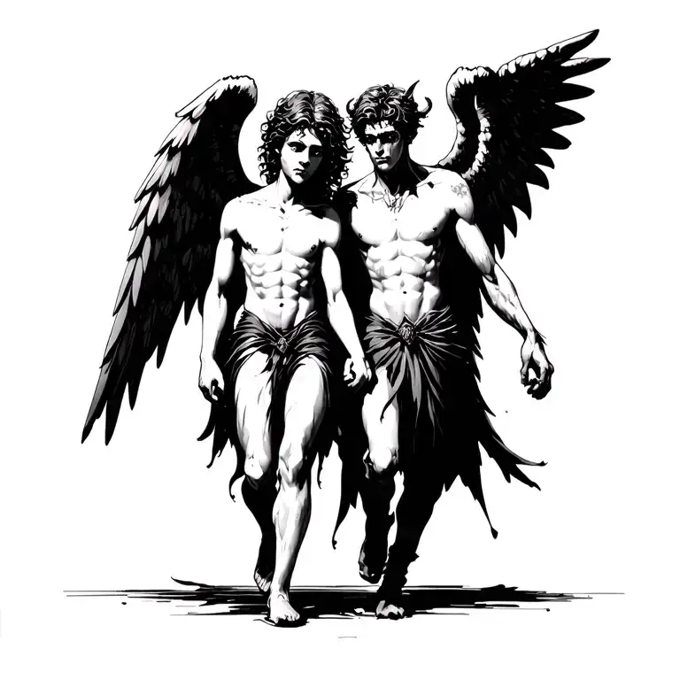 Loving Angel Guiding A Demon Boy Walking Hand In Hand