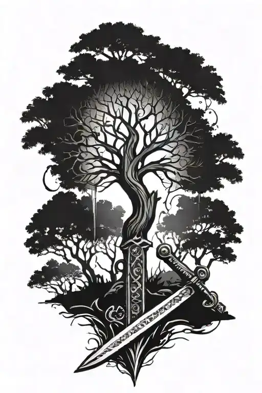 The Sword Anduril Pointing Down With The Handle Leading Into The Tree Of Gondor