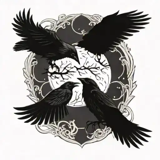 Two Raven Flying Towards The Moon Surrounded