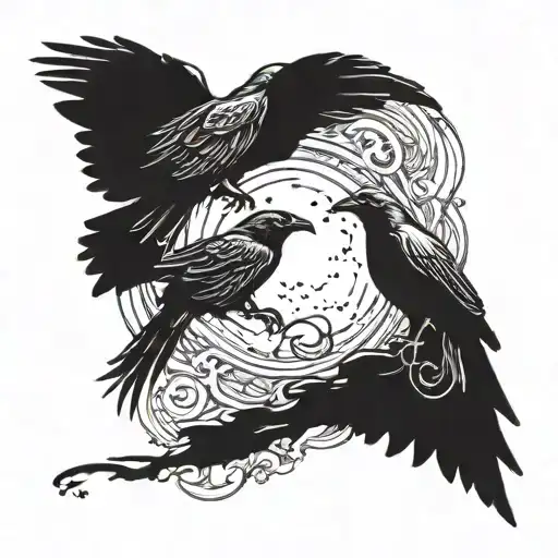 Two Raven Flying Towards The Moon Art Nouveau Style