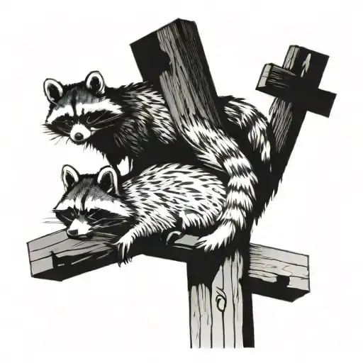 Two Raccoons Climbing Up A Cross That Has A Tree Out Of The Top