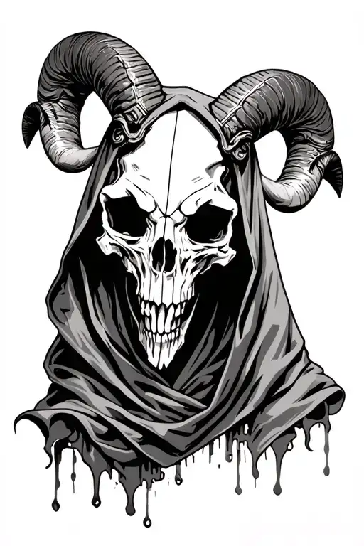 Hooded Grim Reaper Ram Skull With Horns