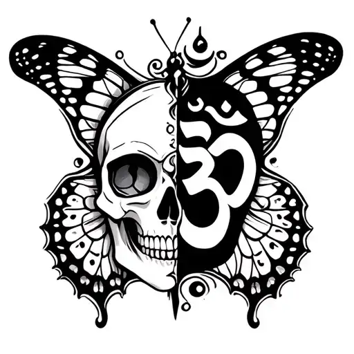Butterfly And Half Skull With Om Symbol Merging