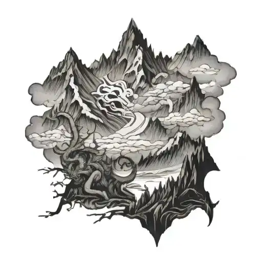 A Big Mountain And Demons In The Background